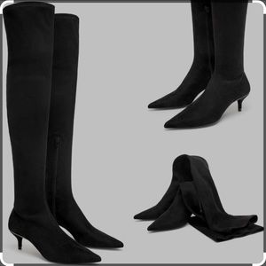 ZARA Black Tall Fabric Thigh High Kitten HEEL OVER-THE-KNEE Boots Black